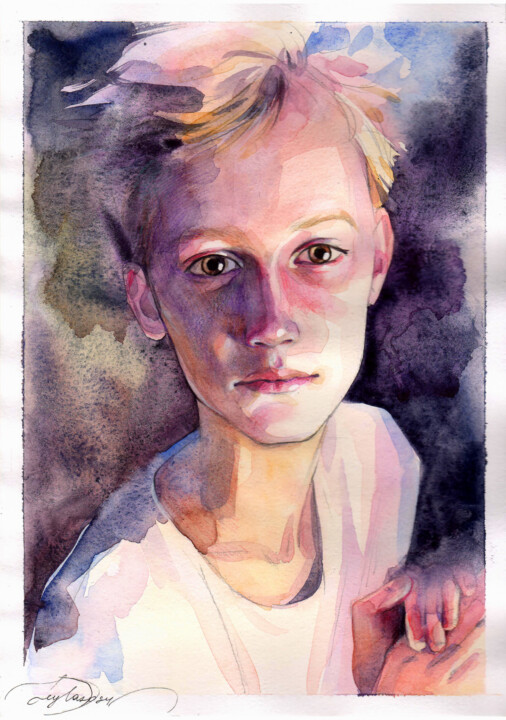 "Boy and light" 绘画, 11.8x8.3 in