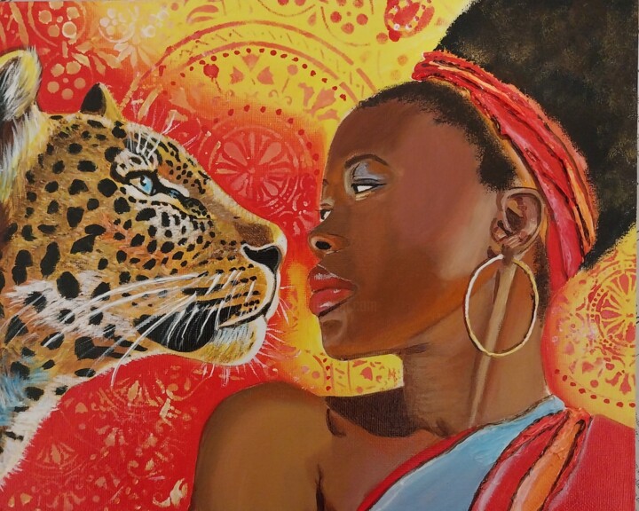 Afrika- Porträt in Acryl mit Strukturpaste auf Leinwandpanel 绘画, 9.5x11.8 in