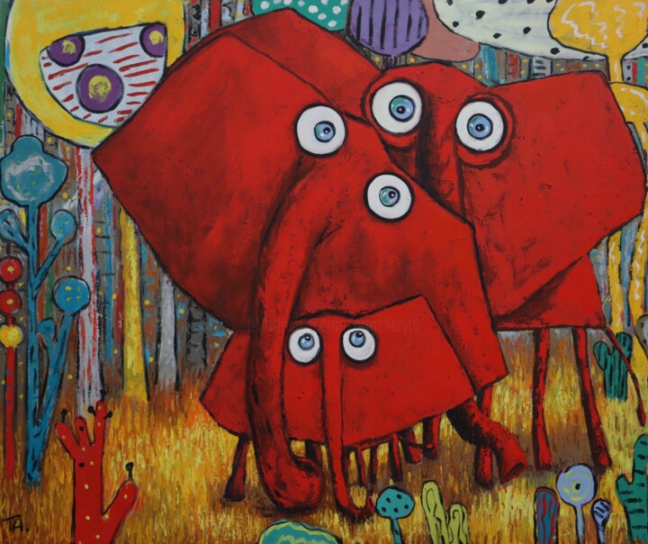 Haven, Somboon and Srin Nin, Baby, Mom and Grandma Elephants 绘画, 39.4x47.2 in