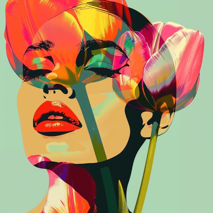 TULIP WOMAN Painting, 19.7x19.7 in