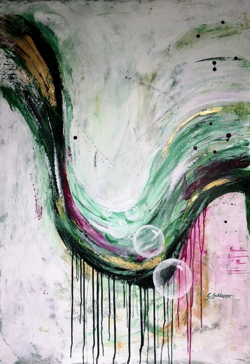 Malerei mit dem Titel ""Bubbles" white 100…" von Cäcilia Schlapper, Original-Kunstwerk, Acryl Auf Keilrahmen aus Holz montie…