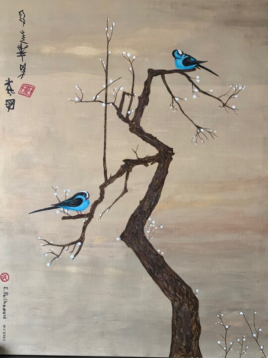 les oiseaux bleus 绘画, 35.4x27.6 in