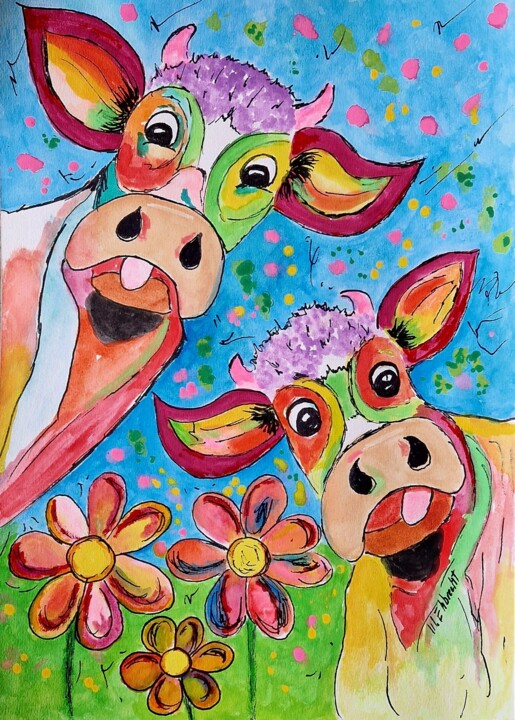 Glückliche Kühe 绘画, 15.8x11.8 in