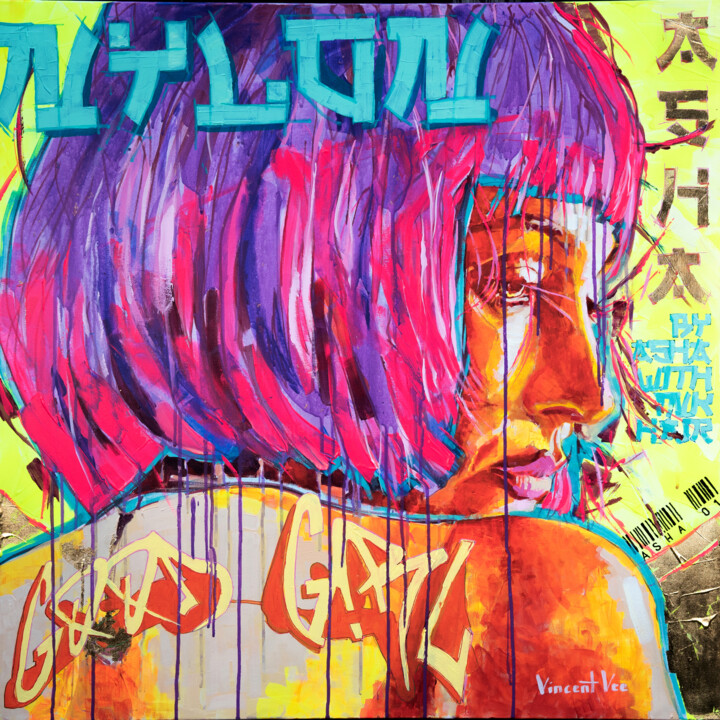 Neon Dreams: Techno Trance Pink Hair Sensual Woman 绘画, 35.4x35.4 in