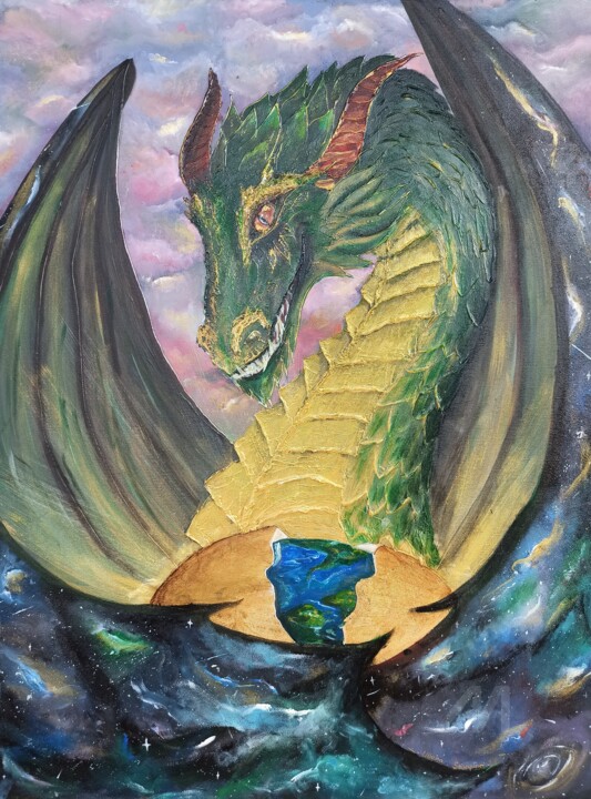 "Guardian of the Earth" – Textured Acrylic Dragon Painting 绘画, 31.5x23.6 in