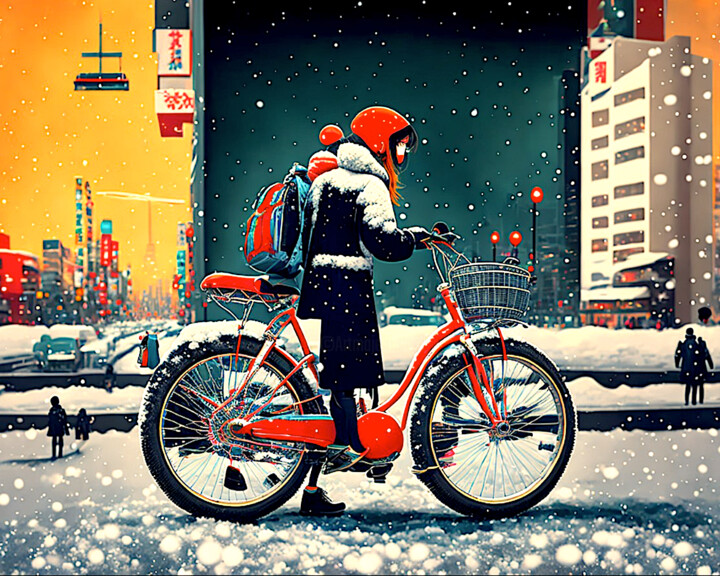 Digital Arts titled "A vélo sous la neige" by Dj Pixl, Original Artwork, AI generated image