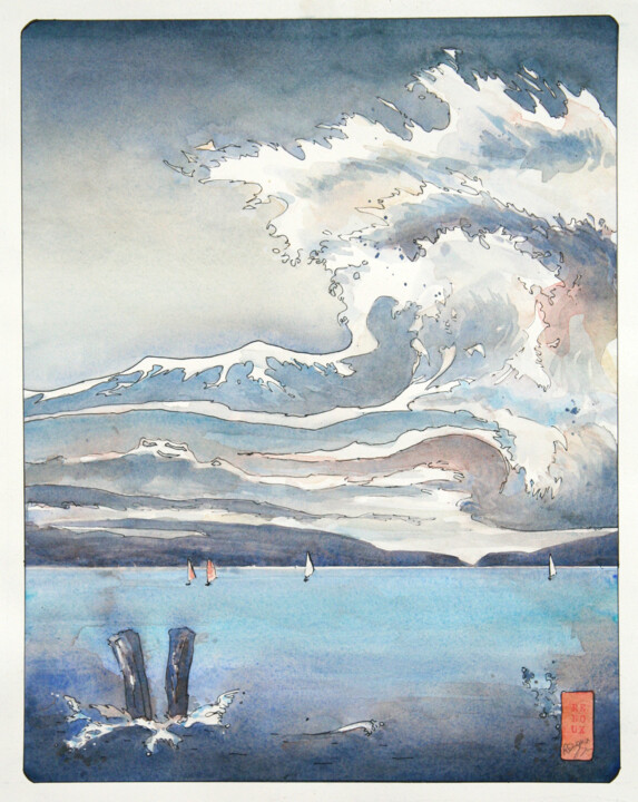 Ciel de Vagues, aquarelle japonisante du lac d'Annecy Schilderij, 18,9x15 in
