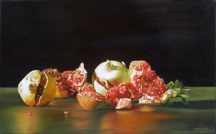 Painting titled "Melograni con fondo…" by Francesco Capello, Original Artwork, Oil