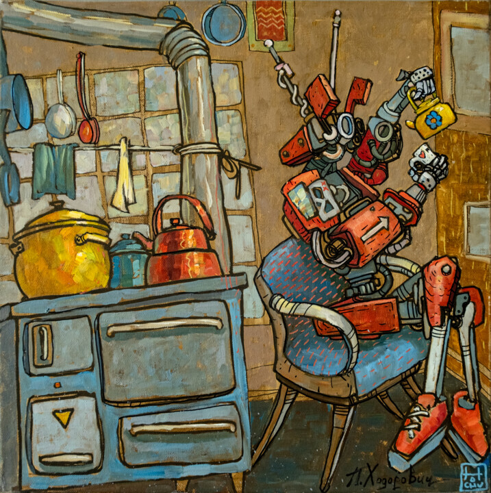 Robo on the old kitchen Painting, 17.7x17.7 in