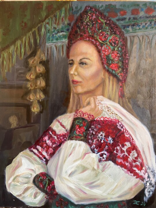 绘画 标题为“Русская красавица” 由Olga Selezneva, 原创艺术品, 油 安装在木质担架架上