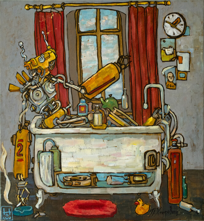 Naked in bathroom 绘画, 17.7x17.7 in