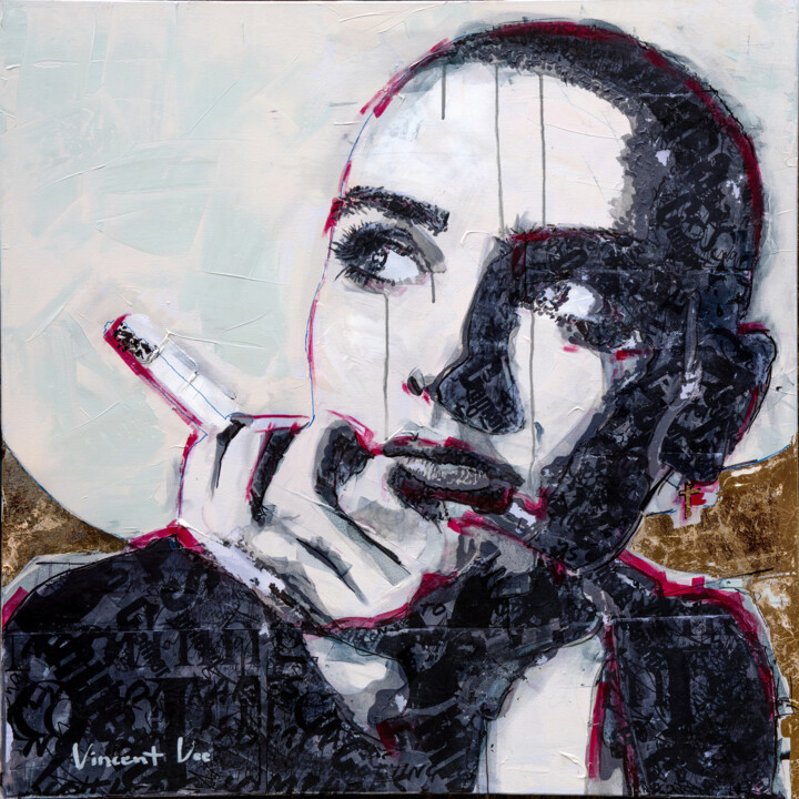 Woman with Cigarette: Sinead O'Connor 80s Music Icon Tribute 绘画, 35.4x35.4 in