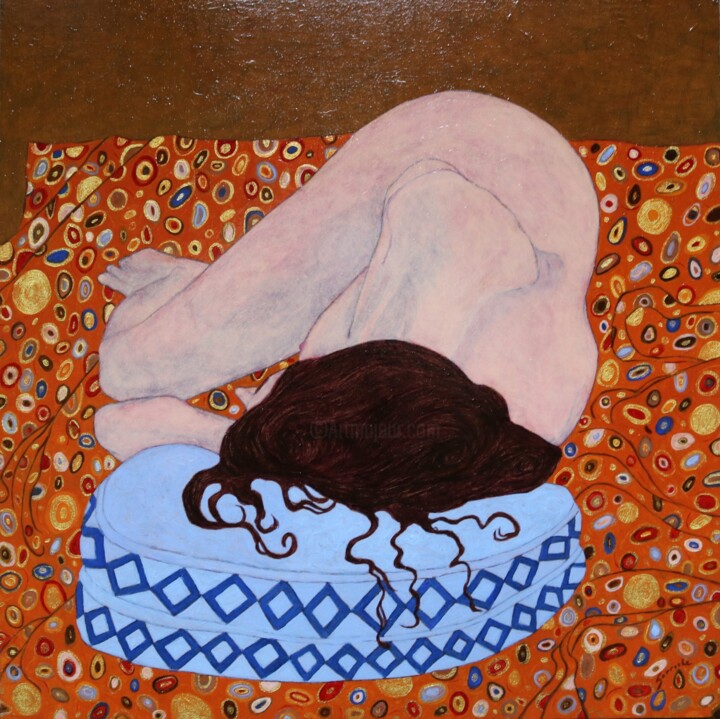Nu au coussin bleu 绘画, 14.1x14.1 in