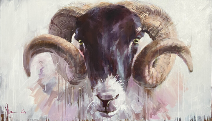 A goat with a black head. 绘画, 27.6x47.2 in