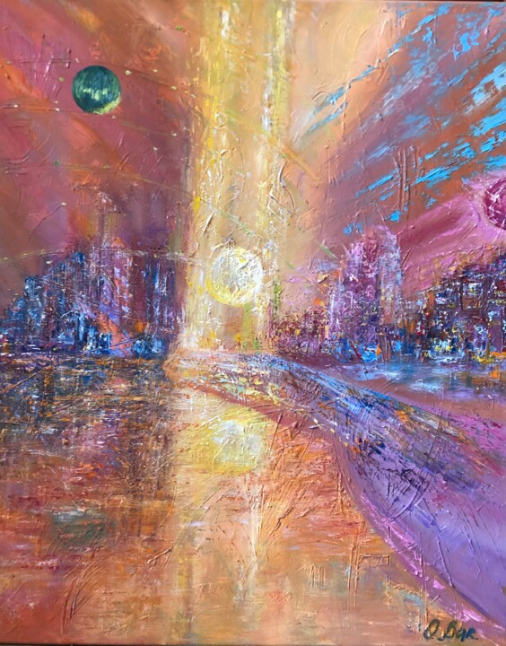Painting titled "Birth of planets (N…" by O. Bar, Original Artwork, Oil Mounted on Wood Stretcher frame