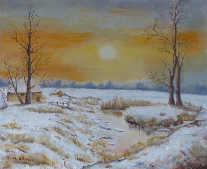 Painting titled "Lever de soleil sur…" by H. Oriaut, Original Artwork, Oil Mounted on Wood Stretcher frame