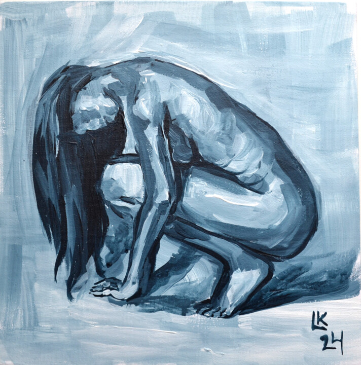 Nude Woman Squatting With Long Hair. Monochrome Tones 绘画, 9.8x9.8 in