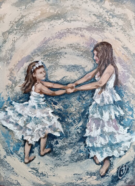 Girl dancing with mom 绘画, 9.5x7.1 in