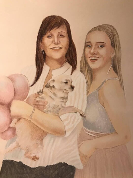 "Portrait with a pet" 绘画, 15.8x11.8 in