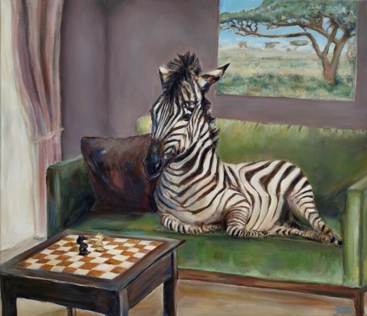 Zebra At The Chess Table 绘画, 23.6x27.6 in