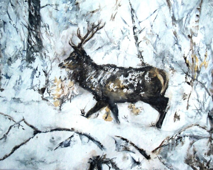 Painting titled "Cerf dans la neige,…" by Catherine Saint Fontaine, Original Artwork, Watercolor