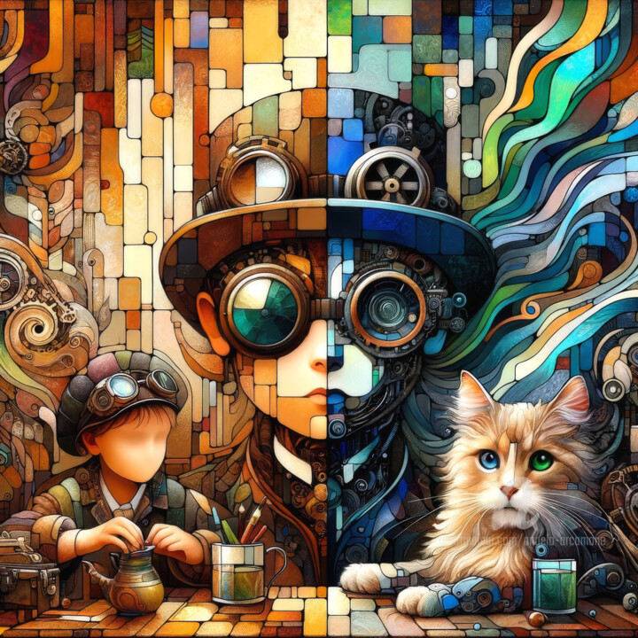 Steampunk: The Young Explorer and the Watchful Cat 数字艺术