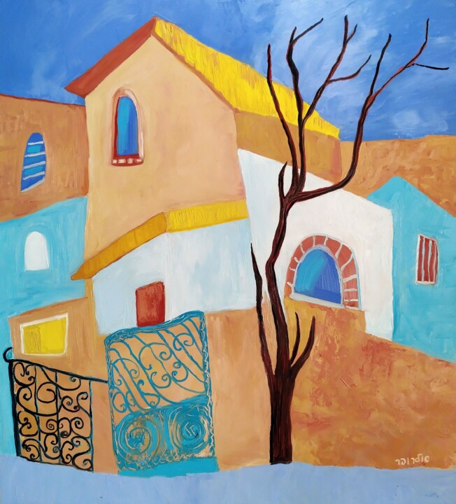 Painting titled "cityscape with tree" by Janna Shulrufer, Original Artwork, Oil