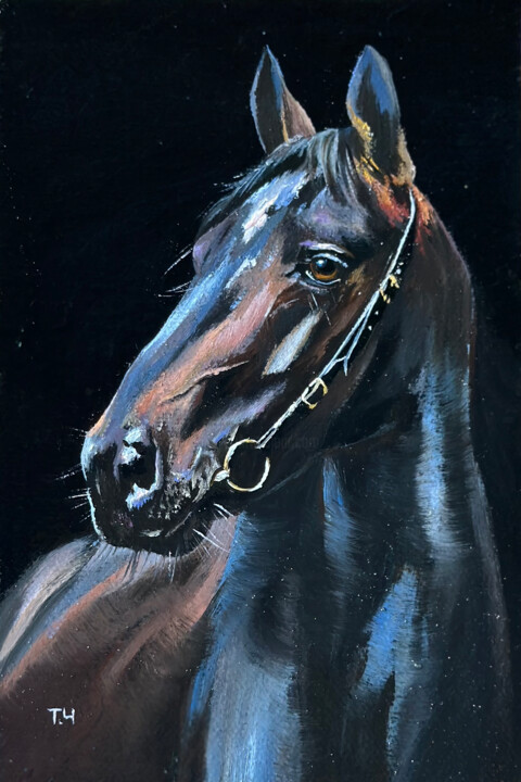 Black horse. Murgese. 绘画, 5.9x3.9 in