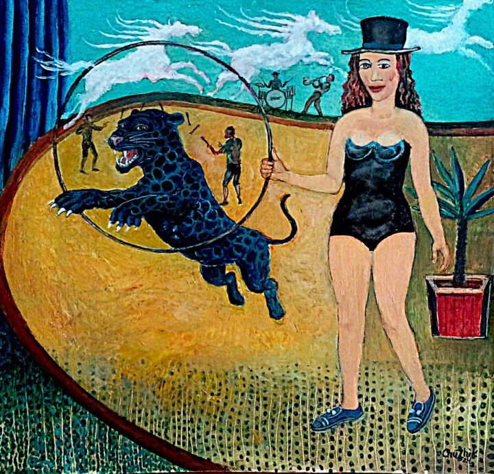 Painting titled "Укротительница тигр…" by Chuzhik, Original Artwork, Oil
