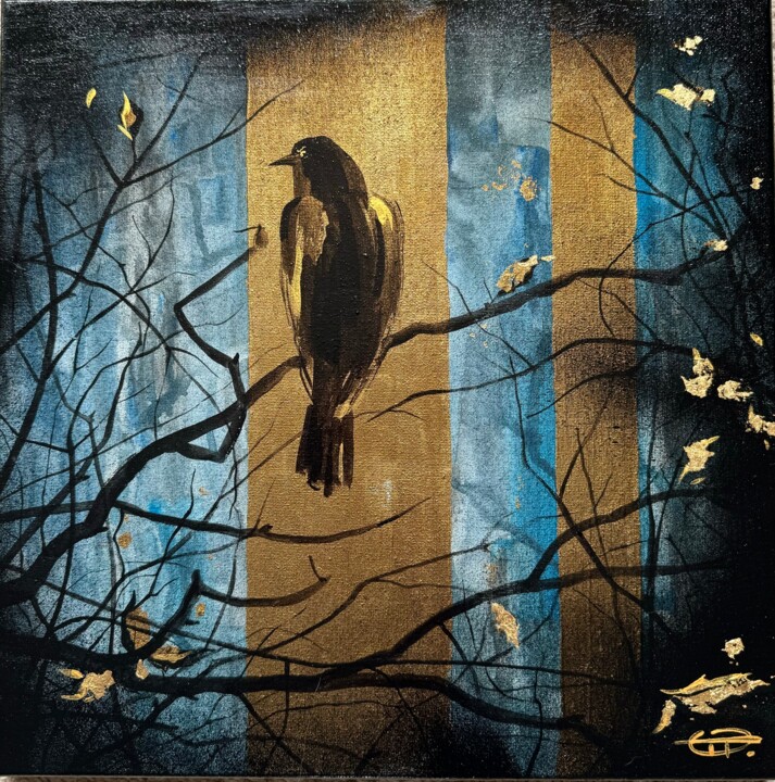 Raven on the branch. Acrylic Canvas Gold leaf 绘画, 14x14 in
