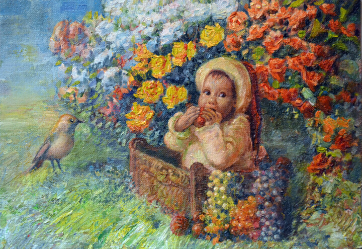 Baby among flowers 绘画, 8.3x11.8 in