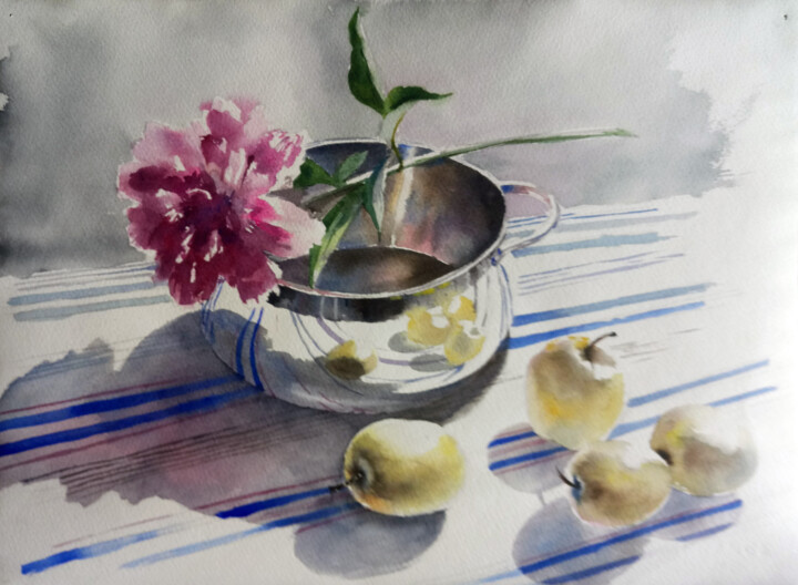 Кастрюля пионы яблоки 绘画, 11x14.6 in