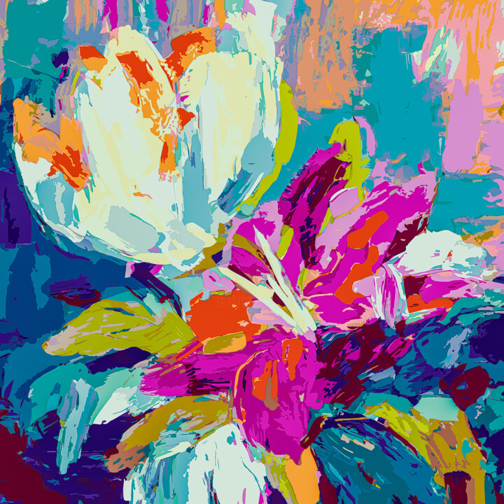Painting titled "WEISSLILA BLUMEN" by Holger Mühlbauer-Gardemin, Original Artwork, Acrylic Mounted on Wood Stretcher frame