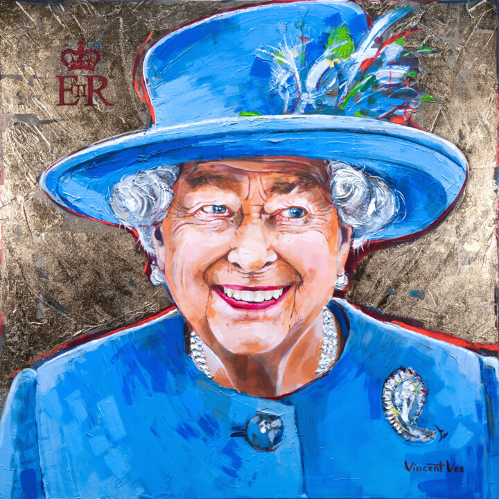 Pop Art Majesty in Blue Hat: Queen Elizabeth Art Pittura, 40,2x40,2 in