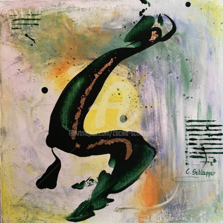 Malerei mit dem Titel "Nuovo green-gold A…" von Cäcilia Schlapper, Original-Kunstwerk, Acryl Auf Keilrahmen aus Holz montie…