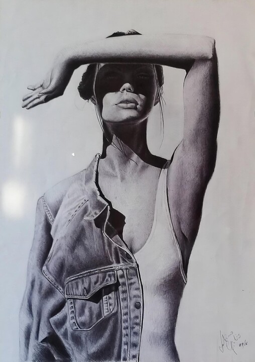 Drawing titled "Woman with jacket" by Giulio Latino, Original Artwork, Ballpoint pen Mounted on Wood Panel