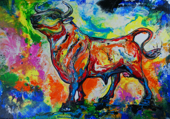 Avioncito Stierbild Leinwand abstrakt gemalt bunt farbig 绘画, 31.9x45.7 in