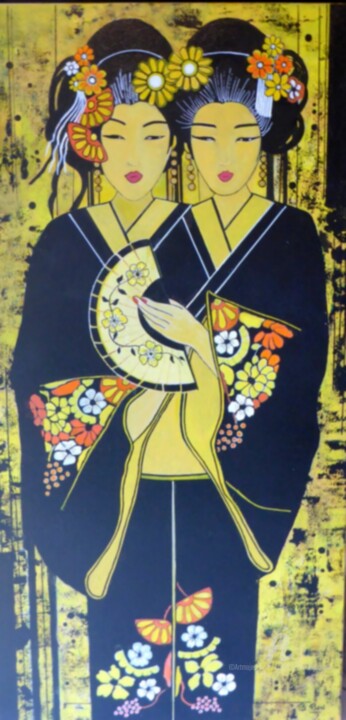 Schilderij getiteld "HANA et KEIKO" door Brigitte Jeanneau Bonnet, Origineel Kunstwerk, Acryl Gemonteerd op Frame voor houte…