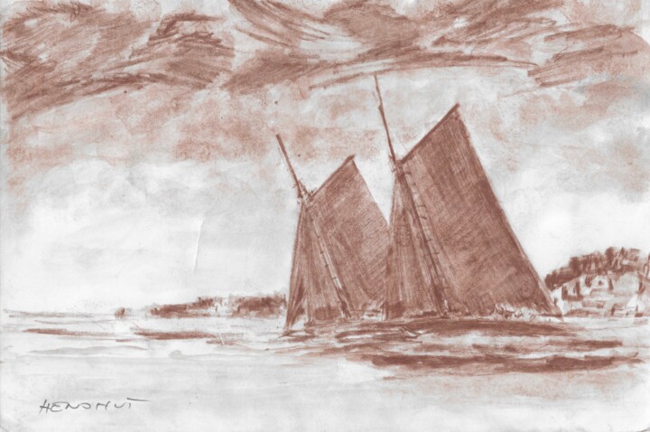 Two gaff rigged sailing yachts, port tack, leaving a bay 图画, 7.5x11.4 in