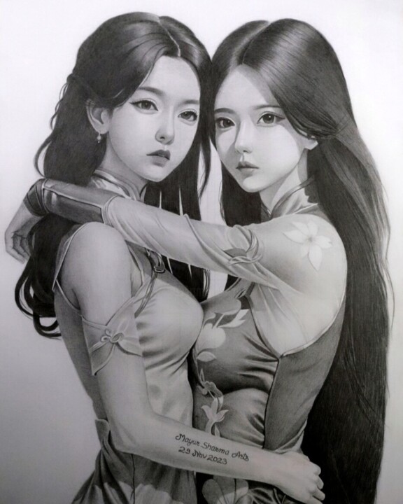 Drawing titled "Two Girlfriends." by Mayur Sharma Art, Original Artwork, Pencil