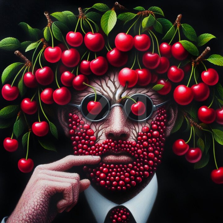 Surreal portrait of a man with cherries. 数字艺术
