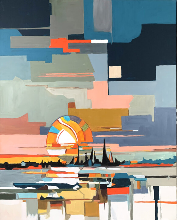 Sunset in a city. Abstract cityscape. Pittura, 39,4x31,5 in