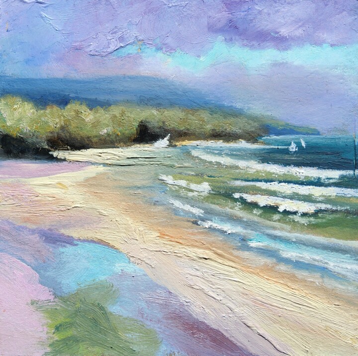 Beach Painting Seascape Original Art Mountains & Cloud Scene Painting, 5.9x5.9 in