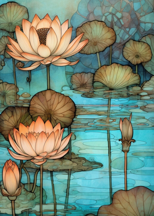 「Water Lilies_2」というタイトルのデジタルアーツ Josephine Estelleによって, オリジナルのアートワーク, デジタル絵画