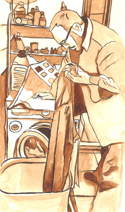 Cloth Master in brown - Monochrome 绘画, 8.1x4.7 in