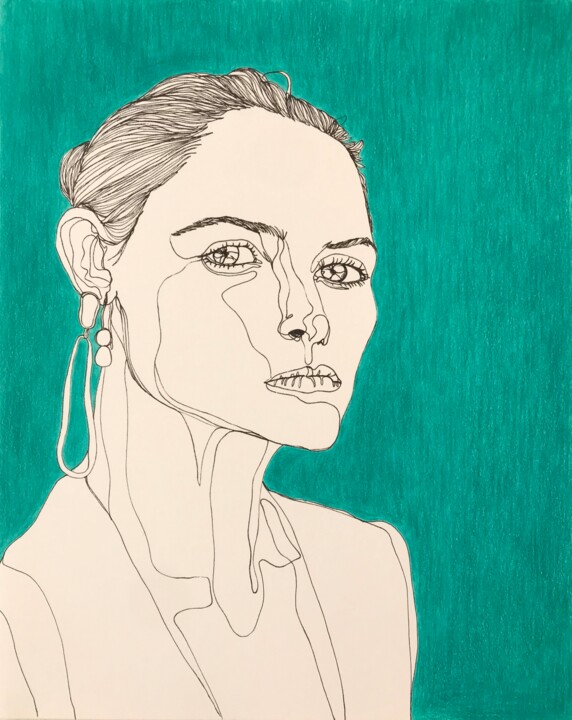 Portrait de femme turquoise 图画, 10x8 in