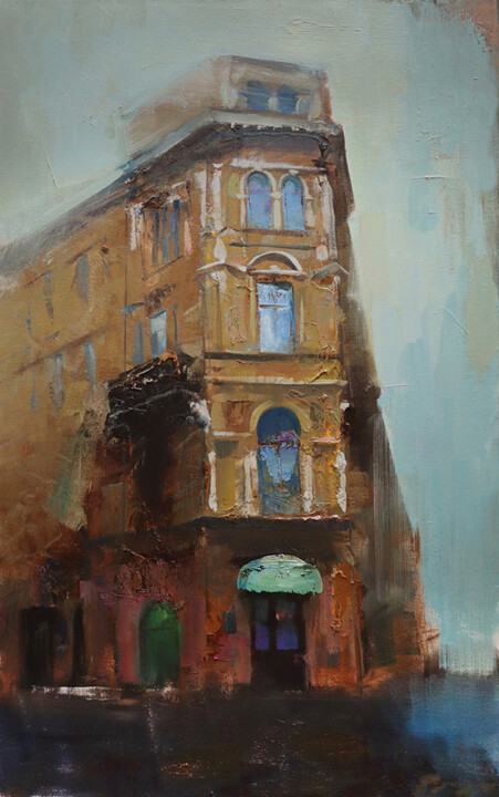 Cityscape 'Building on the corner' Schilderij, 31,5x19,7 in