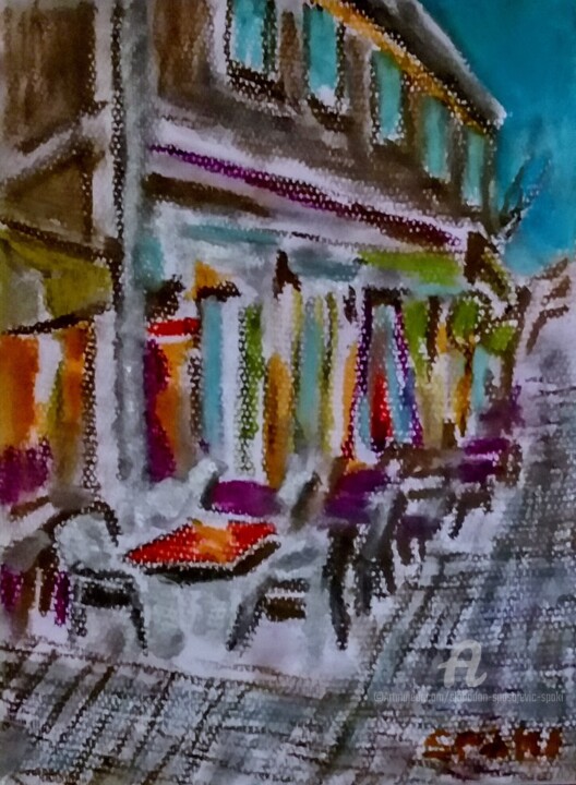 Cafe "sur le coin" 绘画, 11.8x8.3 in
