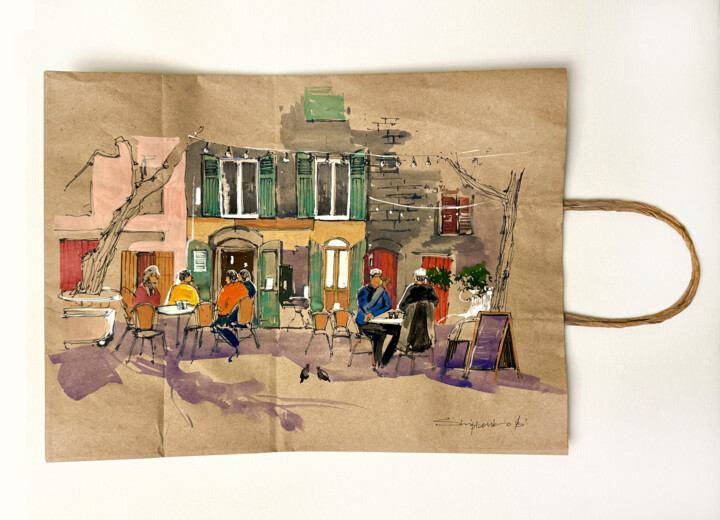 Cafe in Barcelona 绘画, 12x16 in
