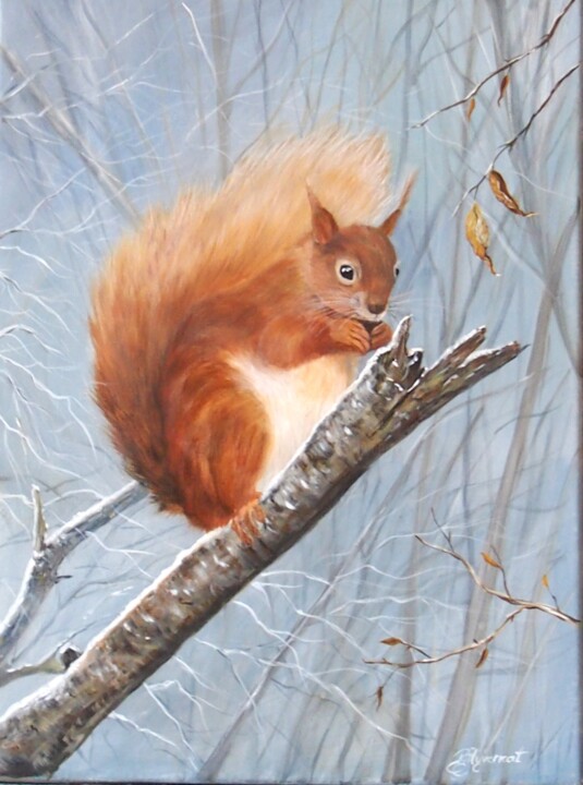 écureuil roux en hiver - peinture acrylique sur toile signée 绘画, 15.8x11.8 in